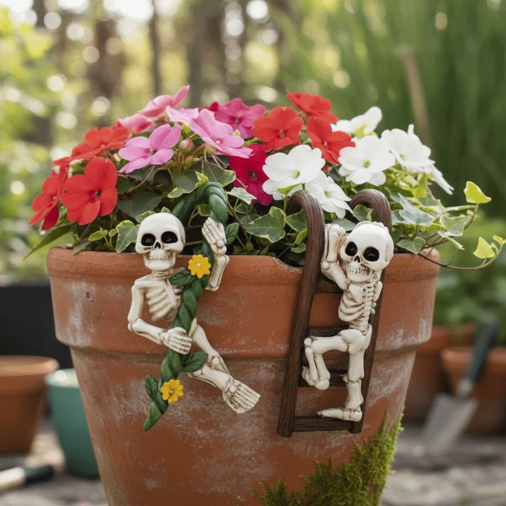 2PCS Resin Skeleton Pot Hugger Weatherproof Miniature Ornaments Ladder Skull Hanging Statue Scary Hanging Plant Holder