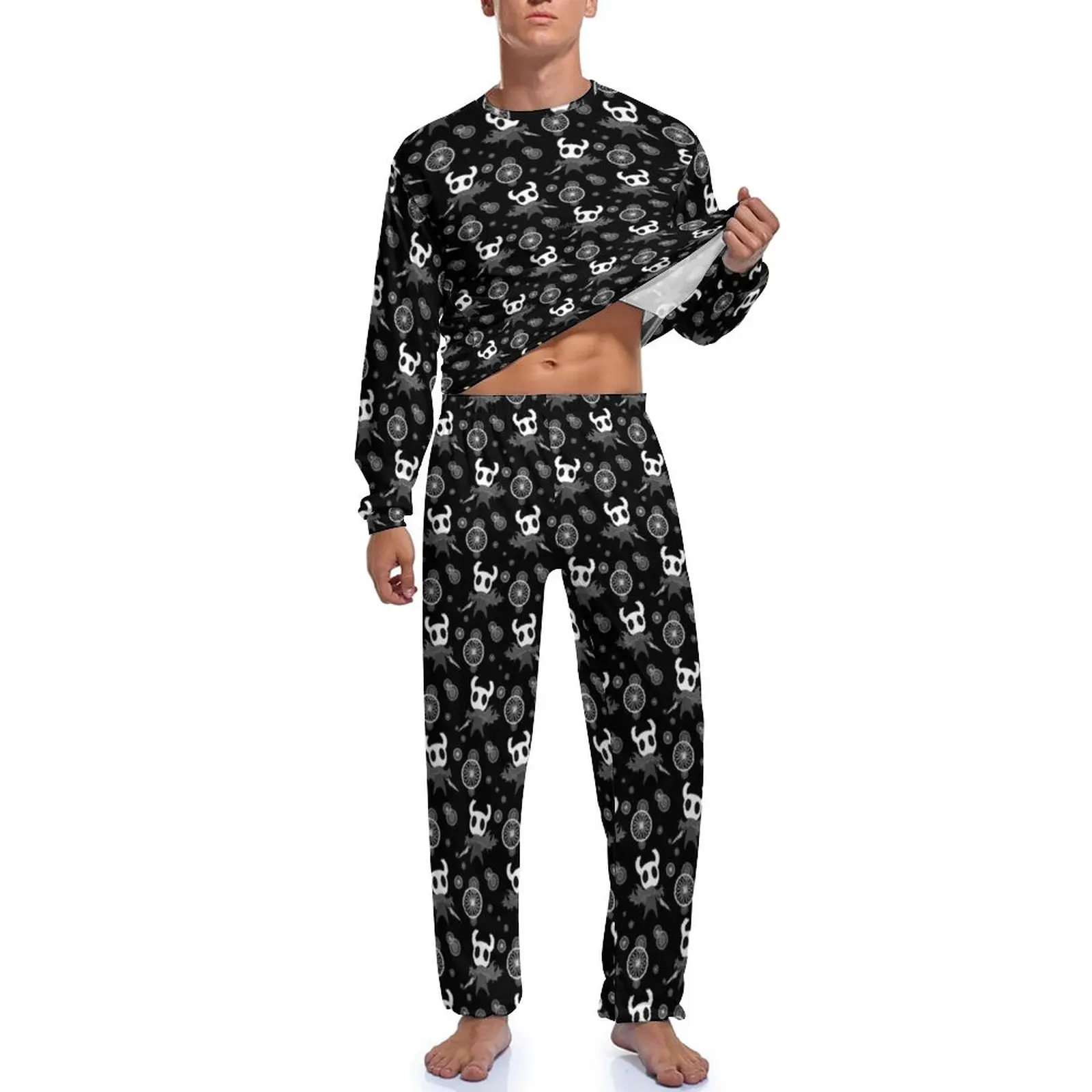 Cavaleiro oco-Conjunto de pijamas masculinos com 2 peças, padrão quente, manga comprida, jogo de ação e aventura, terno doméstico estético, inverno