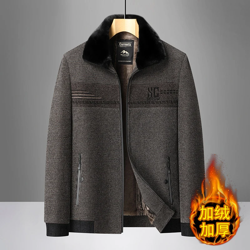 

25 осенне-зимняя повседневная шерстяная куртка, мужская бархатная теплая куртка с шерстяным воротником, высокое качество, деловая социальная одежда для папы, мужская одежда