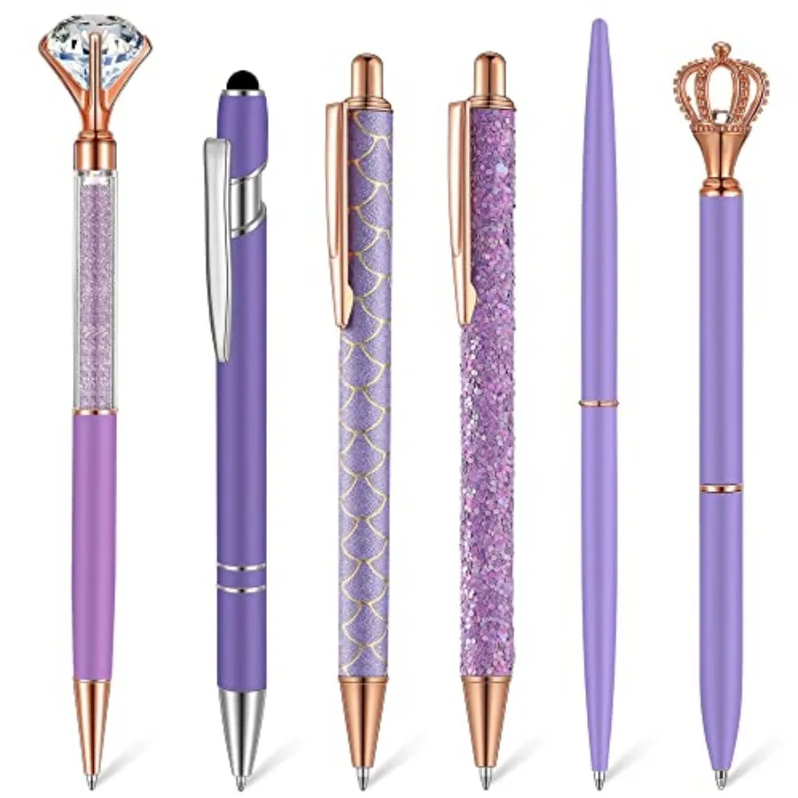 

6 Pcs Ballpoint Pens Set Metal Crystal Diamond Pen for Journaling Glitter Pretty Cute Stationery Ink Fancy Gifts for Women Girl