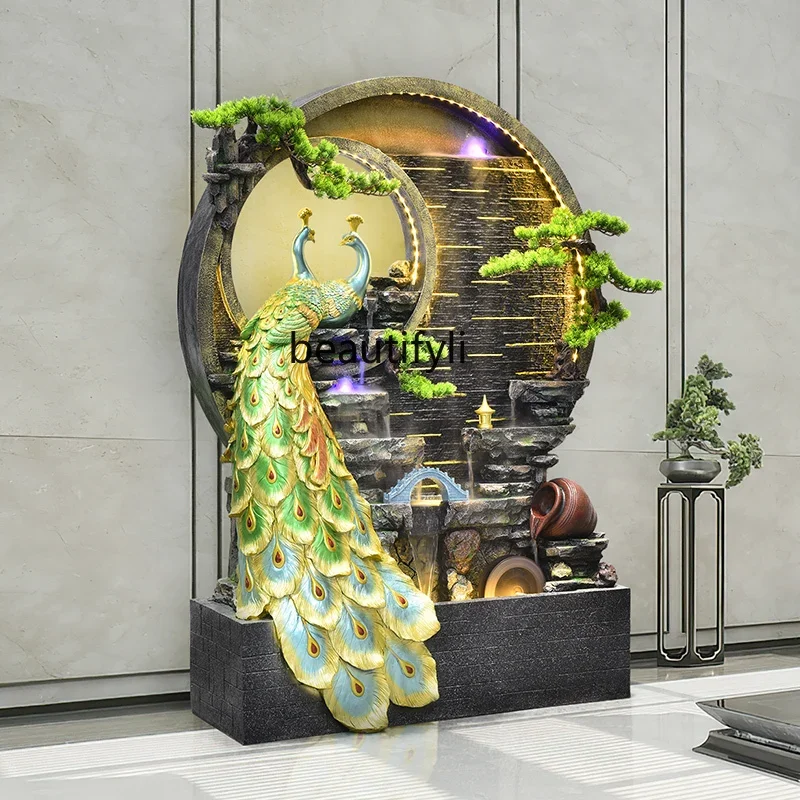 

New Chinese peacock, water curtain lucky landscape courtyard hotel tea room office decoration floor ornament