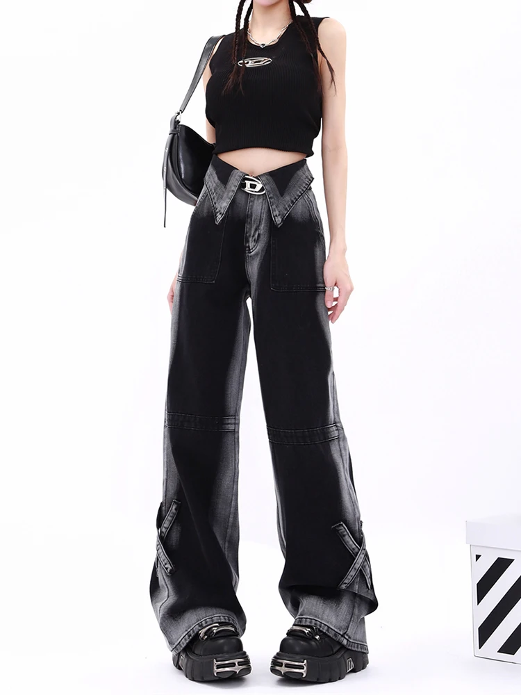 

WCFCX STUDIO Woman Jeans Retro Waist Head Flipped Design Sense Jeans Female Autumn New High Waisted Straight Wide-legged Pants