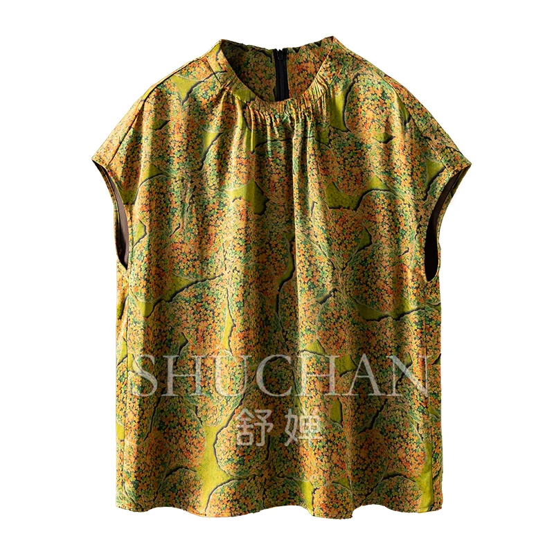 Elegant and Luxurious, French Silk Fragrant Cloud Yarn Flower Dill Pinch Pleated Stand-up Collar Bag Rotator Sleeve blouse women