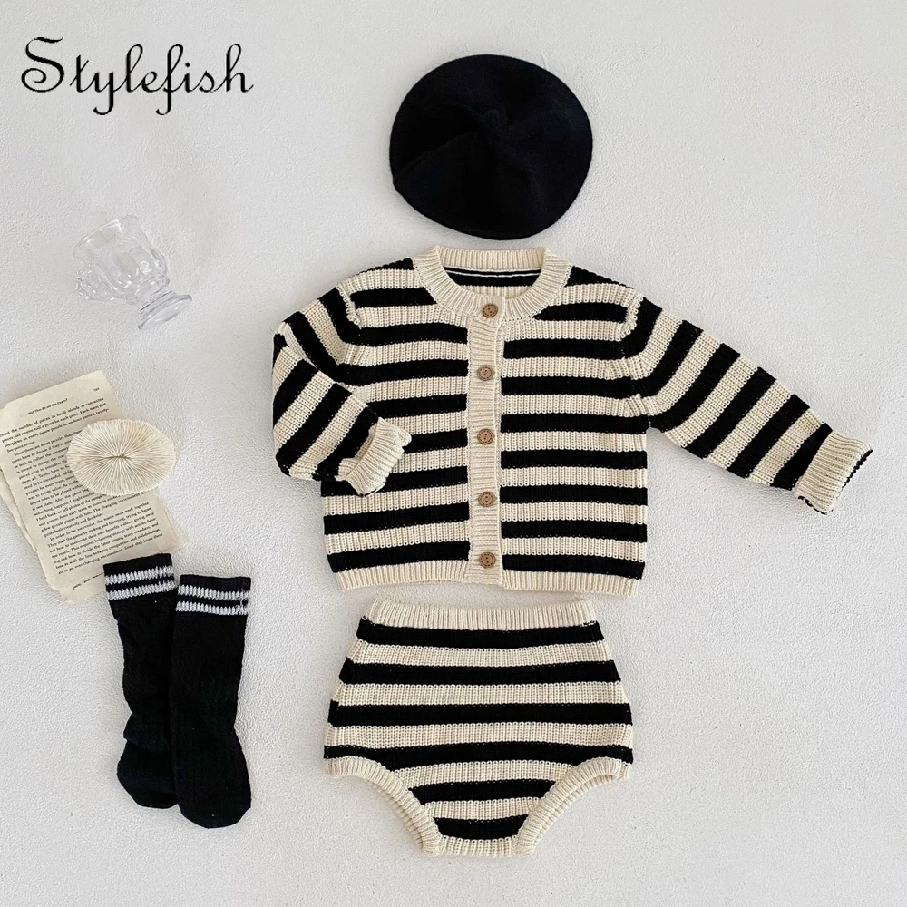 Autumn Outfit New Baby Boys And Girls Versatile Round Neck Striped Cotton Knit Sweater+Cardigan Jacket Two-Piece Set