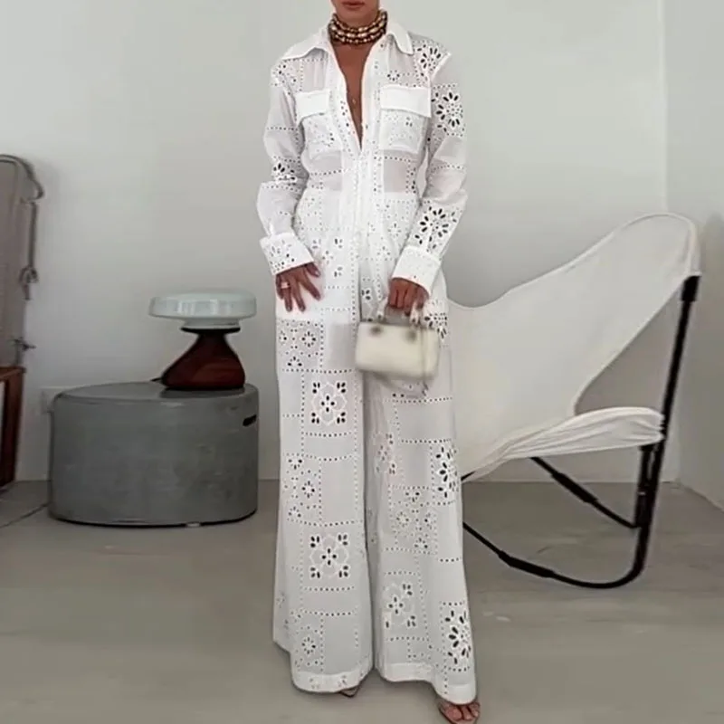 

Новый модный пляжный комбинезон с высокой талией, белый, с вырезами, прямые брюки, с отложным воротником, длинными рукавами, для отпуска