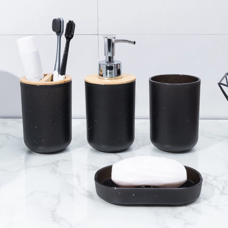 1Pc Black Bathroom Accessories Plastic Toothbrush Holder With Bamboo Cover Toothbrush Cup Lotion Dispenser Soap Box