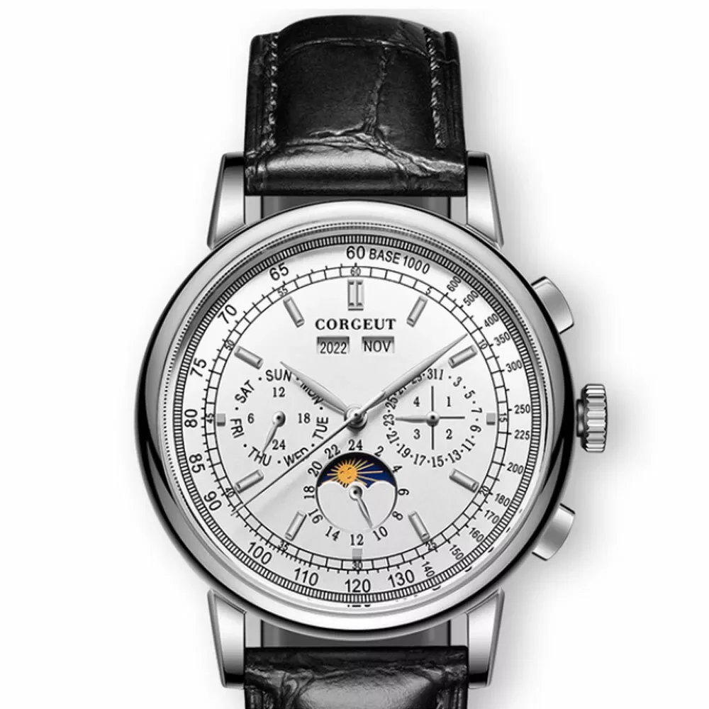 Corgeut 42mm White Multifunctional Date Day Week Month Dial Men Automatic Movement  Watch Black Leather Dress Strap Watch
