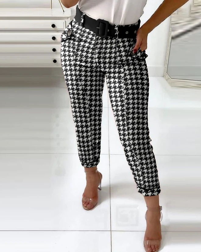 2023 New Fashion Women's Pants Elegant Houndstooth Pocket Design Casual Pants Female Trouser Casual Bottom Female Clothing