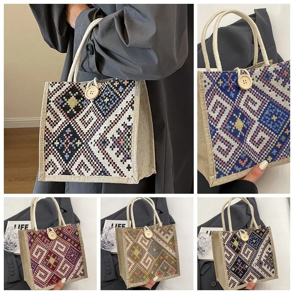 Schattige Borduurwerk Etnische Stijl Canvas Tas Grote Capaciteit Print Linnen Handtas Draagbare Draagtas Bedrukking Doek Lunch Tas Reizen