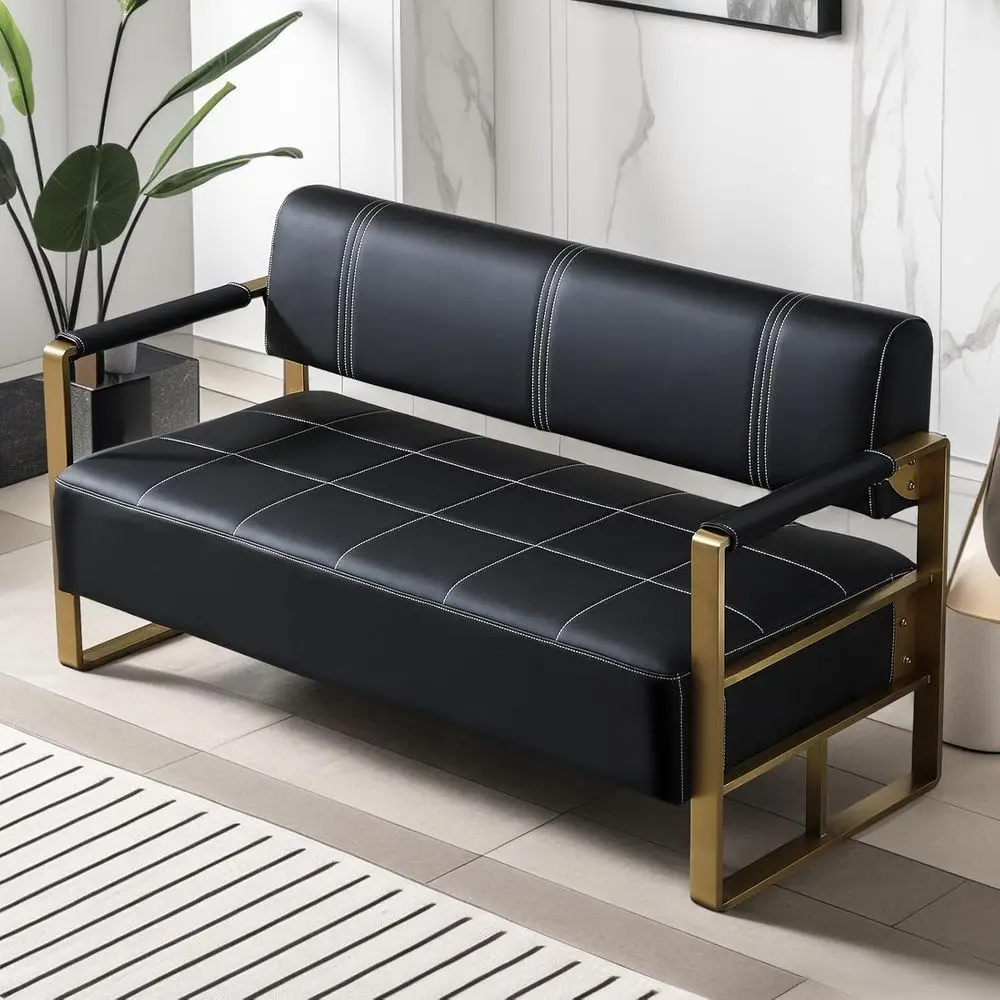 

Современный черный двухместный диван из искусственной кожи середины века, удобный мягкий диван для небольших помещений, идеально подходит для офиса, квартиры