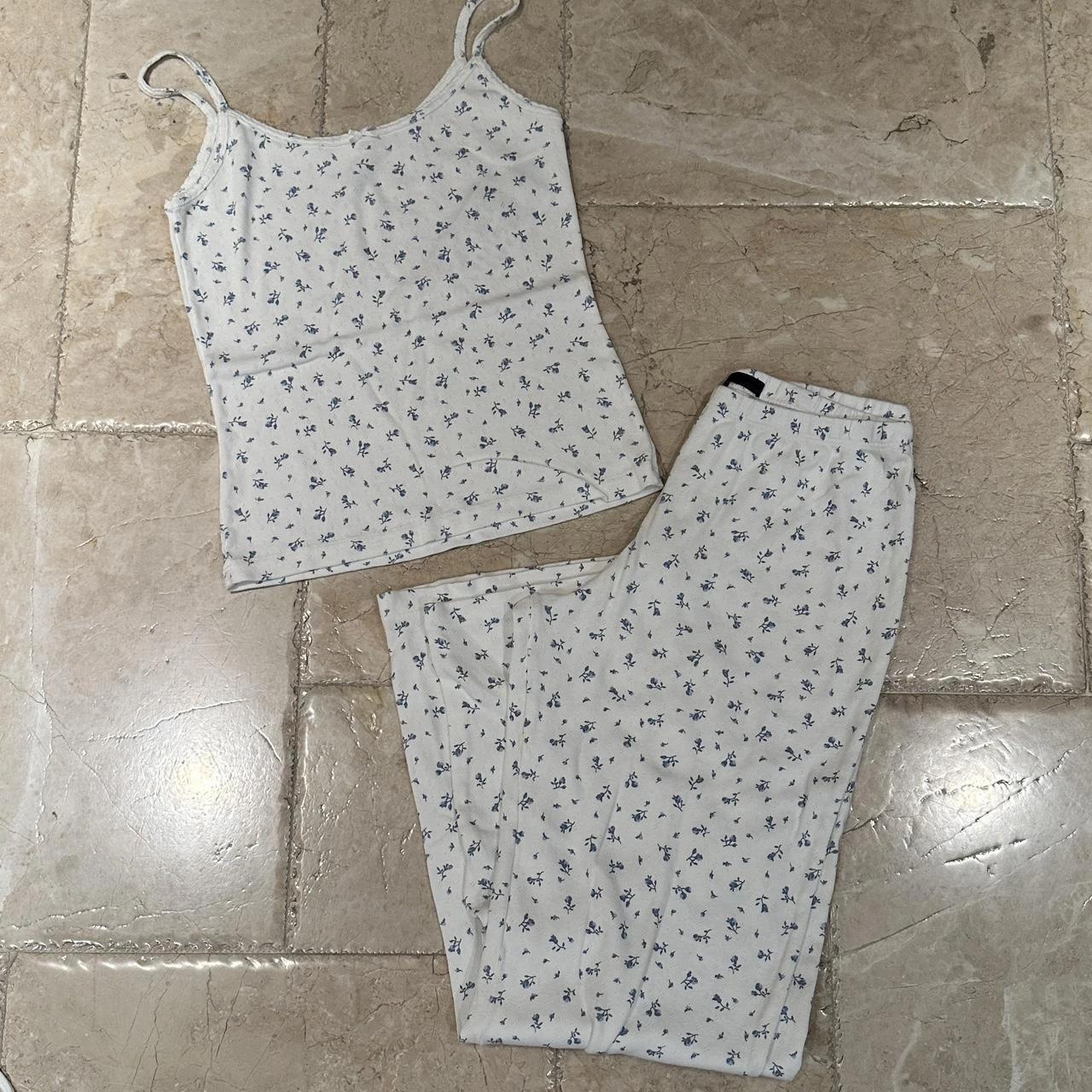 

Blue Print Eyelet Pajamas Set Women Summer Lace Trim Bow Slim Tank Top+Wide Leg Trouser Suits Home Cozy Casual 2 Piece Set