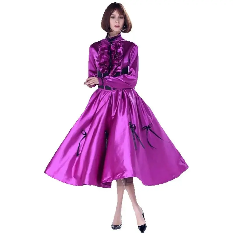 

Romantic Purple Long Sleeved Pleated Gothic Dress with a Waistband and Wide Pine Hem Black Ribbon Bow Dress