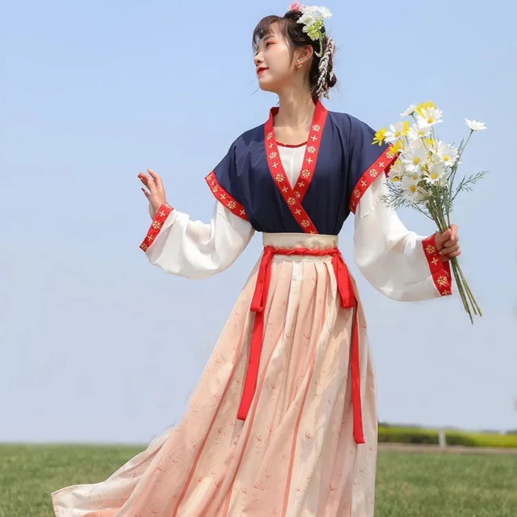 Traditional Chinese Dress Hanfu Cross Collar Shirt Pleated Skirt Original Print Embroidery Improvement Spring Summer Costume