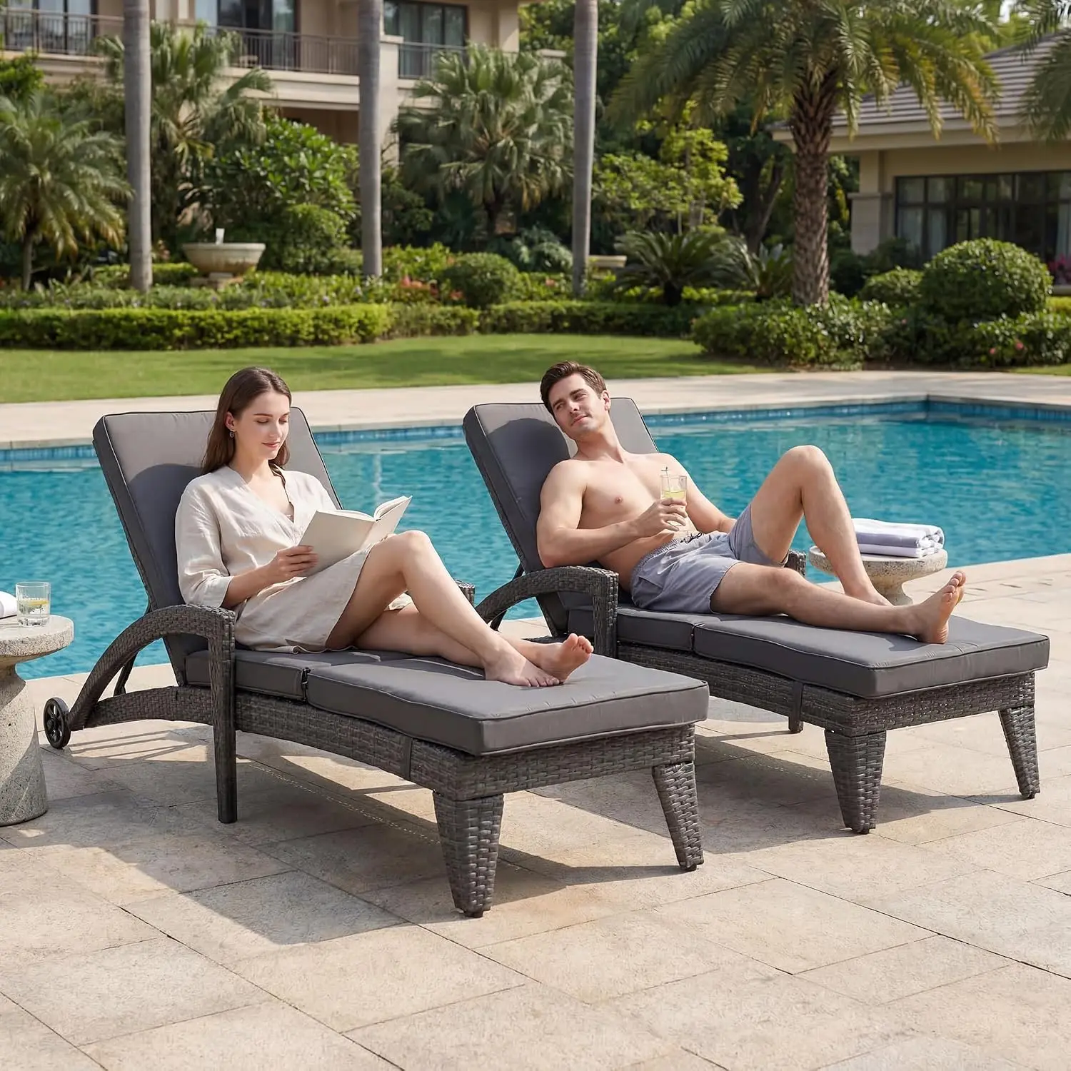 Chaise Lounge Chairs Set of 2, Upholstered 5-Positions Adjustable Lounge Chairs, Wicker Outdoor Long Reclining, Customized