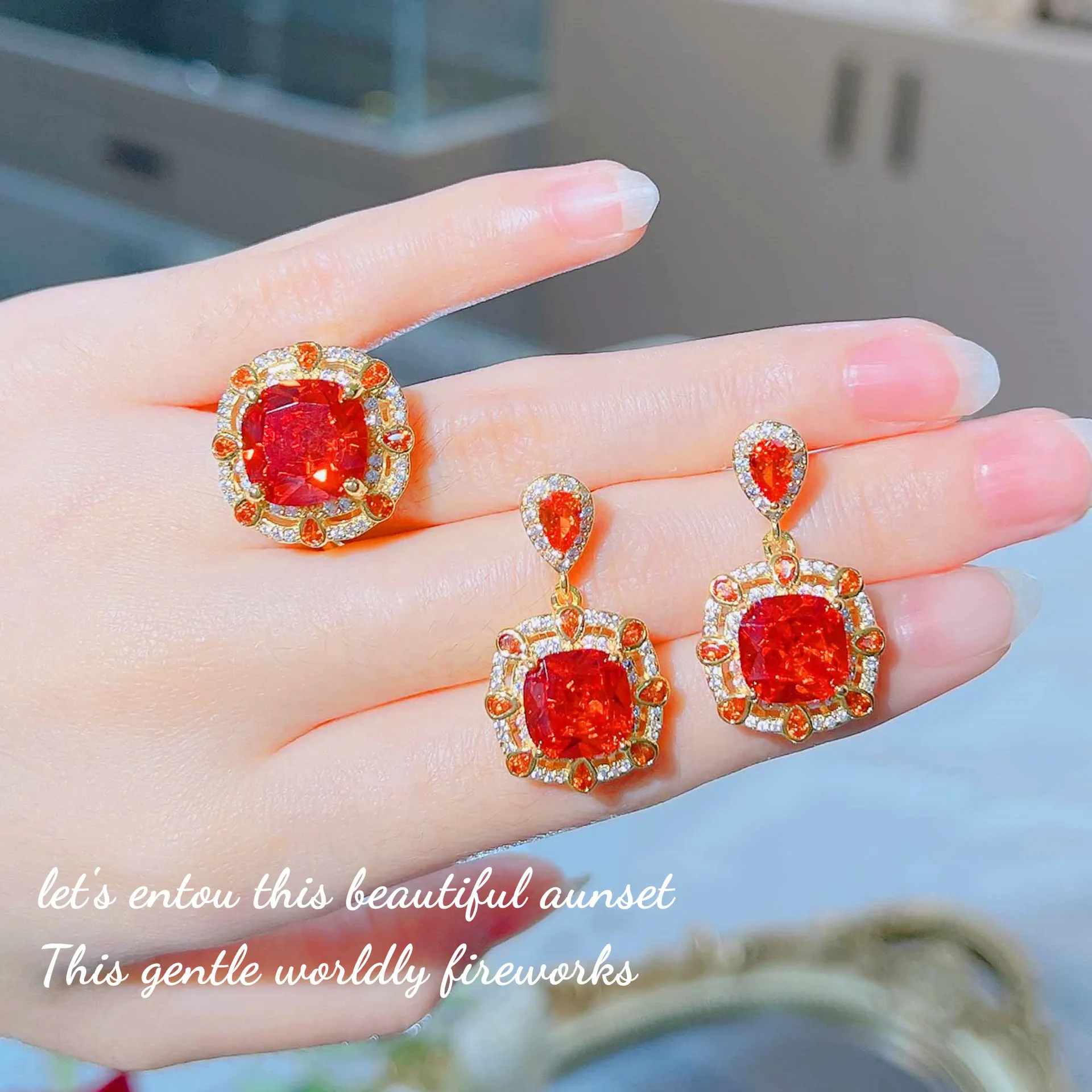 Foydjew-Conjuntos de joyas de boda de Color dorado, Colgante de Piedra naranja, collares, pendientes, anillos, simulación Padparadscha Fanta, nuevo diseño