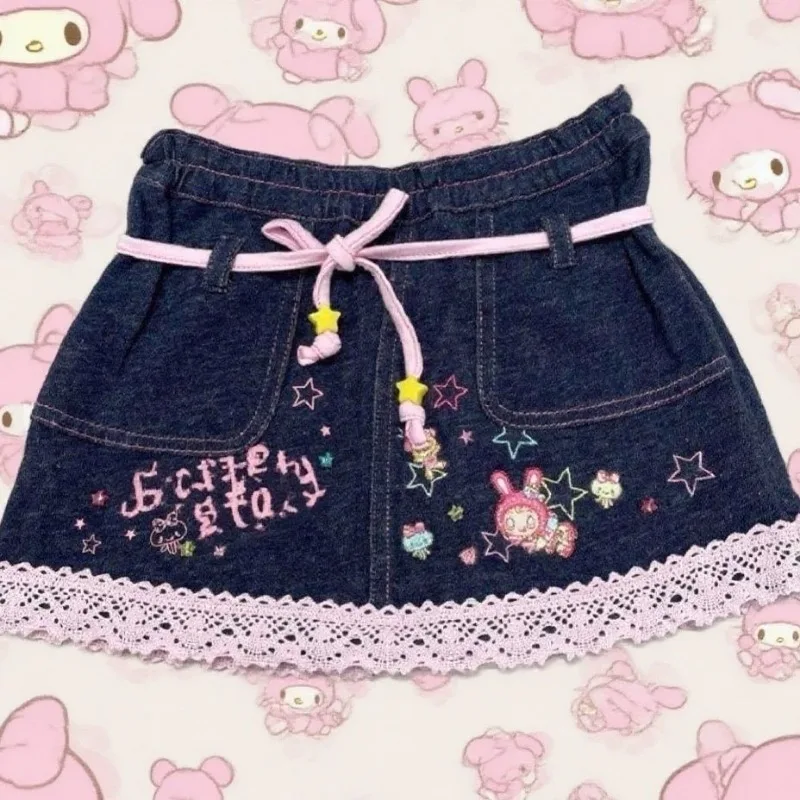 

Japanese Cute Skirt Denim Slimming Soft Girl Cartoon Embroidery Sweet A-line Skirt