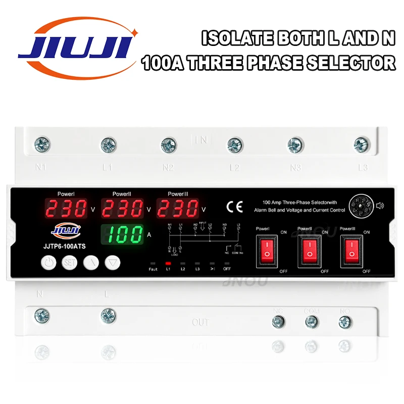 100A 3 Phase Selector 3 Input 1 Output Auto Manual Switch Voltage Current Display OVP UVP OCP Protection Buzzer Alarm 230V