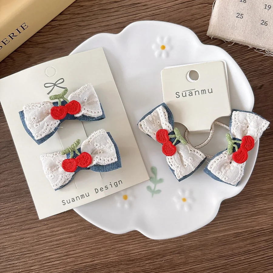 

Korean Hair Clips for Girls 2PCS Side Clip with Ponytail Holder Lace Embroidery Denim Hair Accessories for Kids