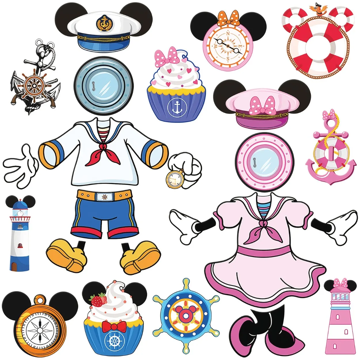 24 PCS Mouse Captain Nautical Magnets, Cute Blue & Pink, Cruise Cabin Door Decor, for Carnival Parties, Fridges and Cars