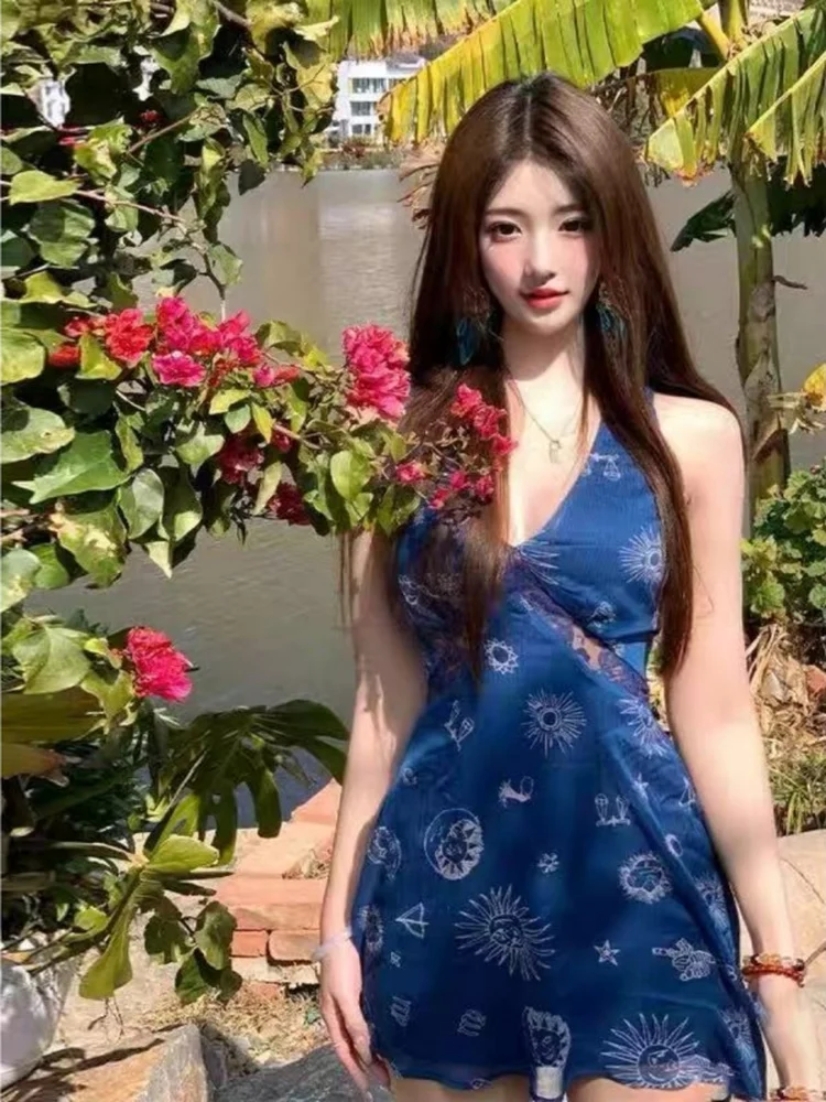 Summer Vacation White Printed Blue Lace Halter Dress Slim Fit Beach Photography Short Skirt High Waist A-Line French Style Po...