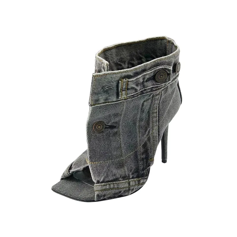 Arden Furtado Grey denim ankle boots peep toe Stiletto heels Summer jeans boots high heel large size dress shoes for women 43