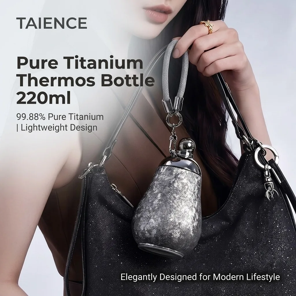 Taience Titanium Water Bottle 220ml Insulated Thermos with Pure Titanium Straw Lightweight 189g Leak Proof for Travel Gift