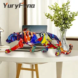 YuryFvna Graffiti Panther Statue Animal Figurine Abstract Geometric Style Resin Leopard Sculpture Home Office Desktop Decoration