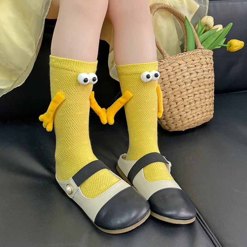 Children's Socks Spring Summer Hand-in-hand Socks for Boys Girls Candy Color 3D Doll Cartoon Medium Tube Baby Socks