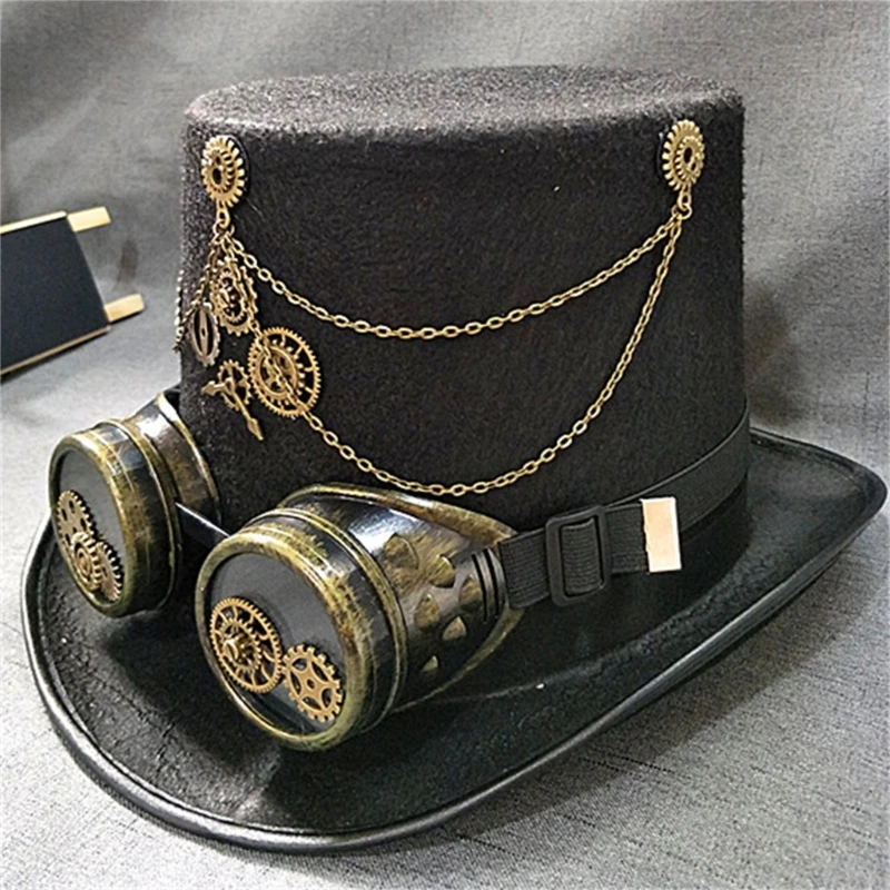 Top Hat Steampunk Goggles Gothic Victorian Hat Halloween Women Small Brim Fedora Hat Magician Cap Stage Performances DXAA