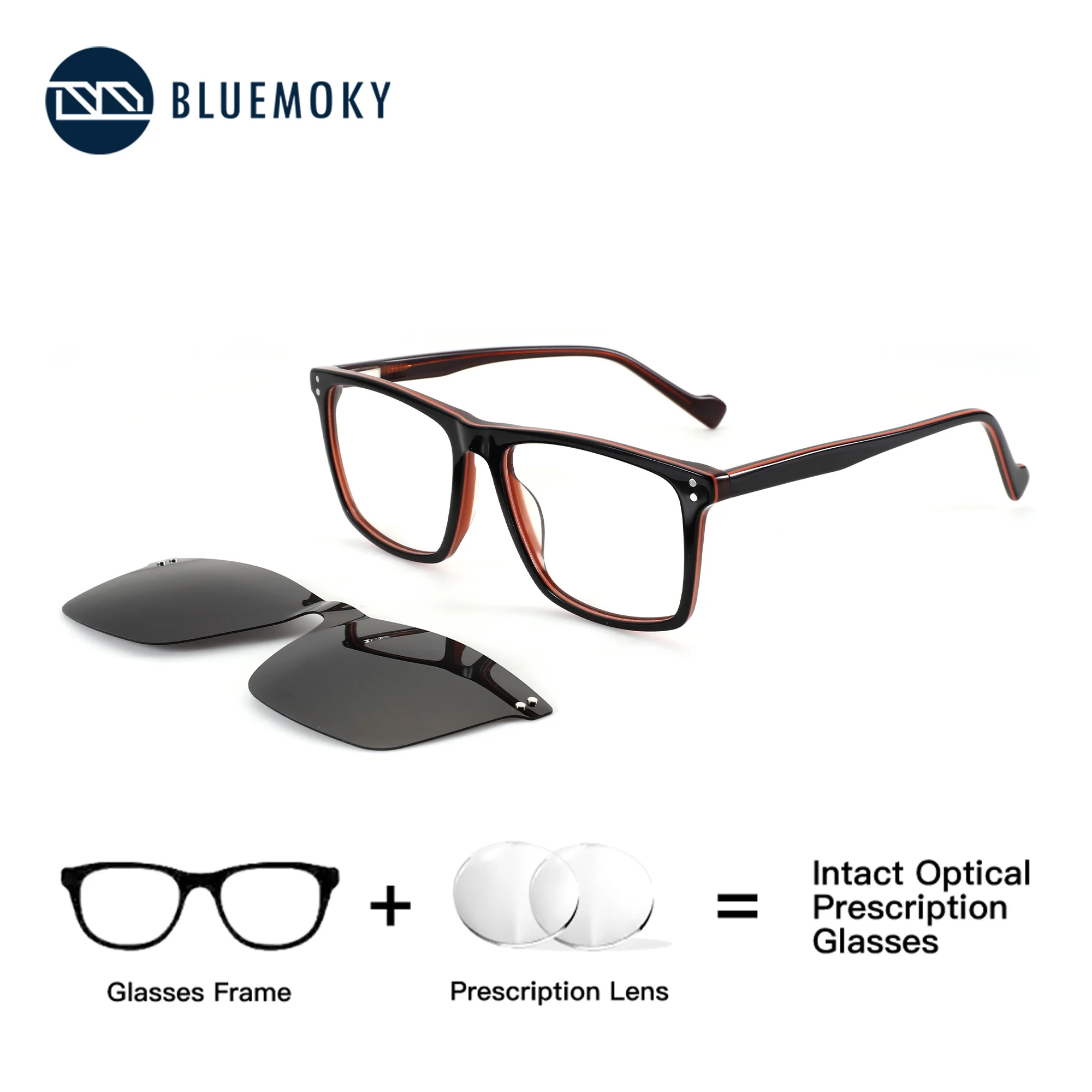BLUEMOKY Square Clip On Prescription Glasses For Men Acetate Polarized UV400 Sports Graduated Lenses Eyeglasses