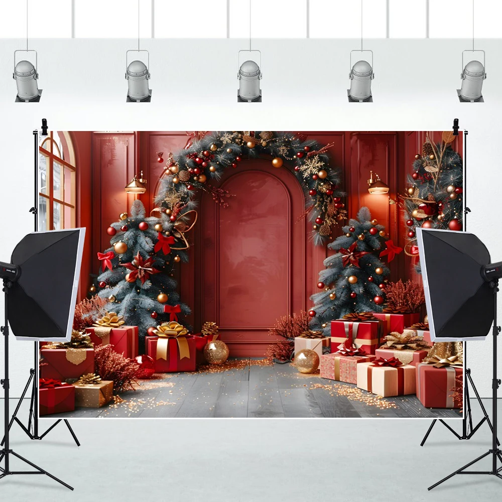 Red European Palace Wall Backdrop Christmas Wreath Wooden Board Arch Kids Family Portrait Photography Background Photozone Props