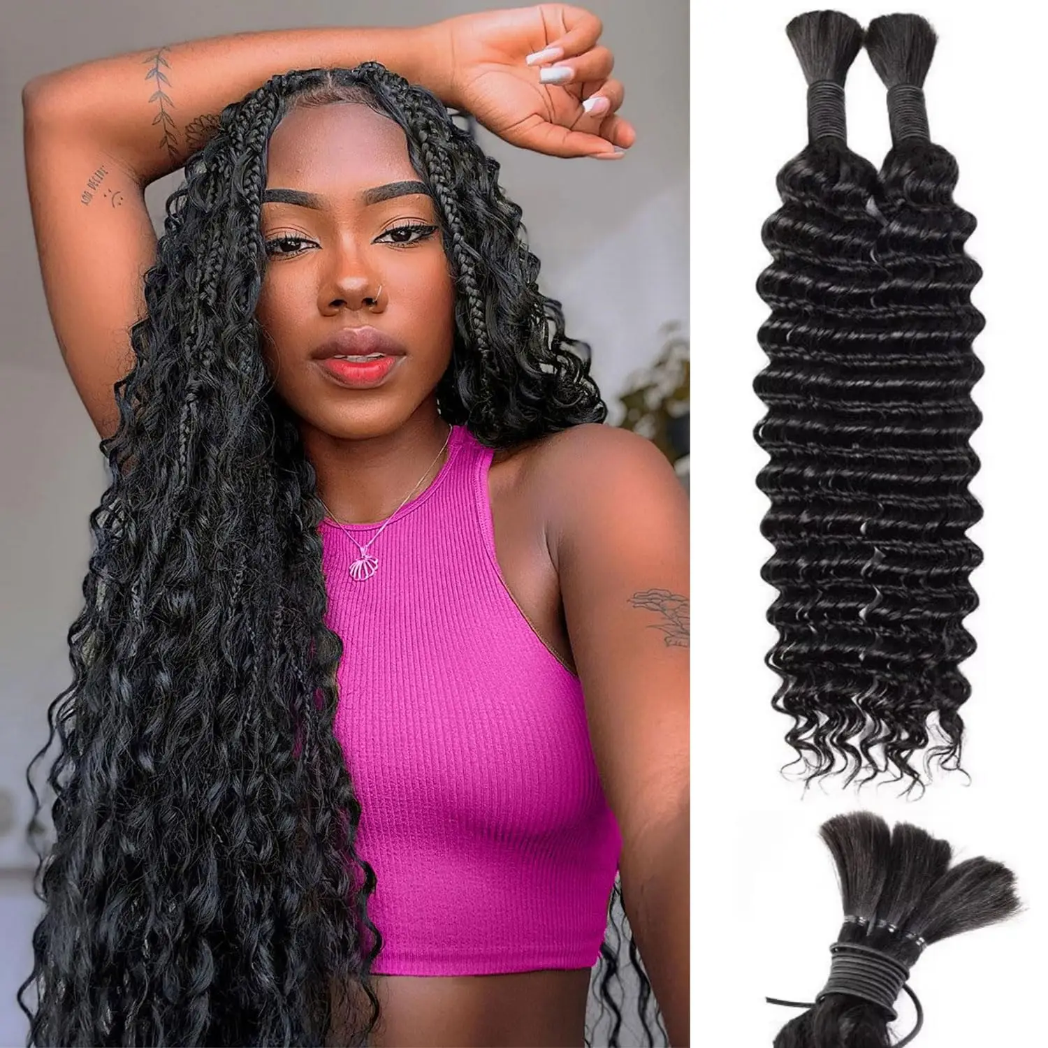 Deep Curly Bulk Human Braiding Hair for Boho Knotless Braids Wet And Wavy Water Wave No Weft Micro Braiding Bundles