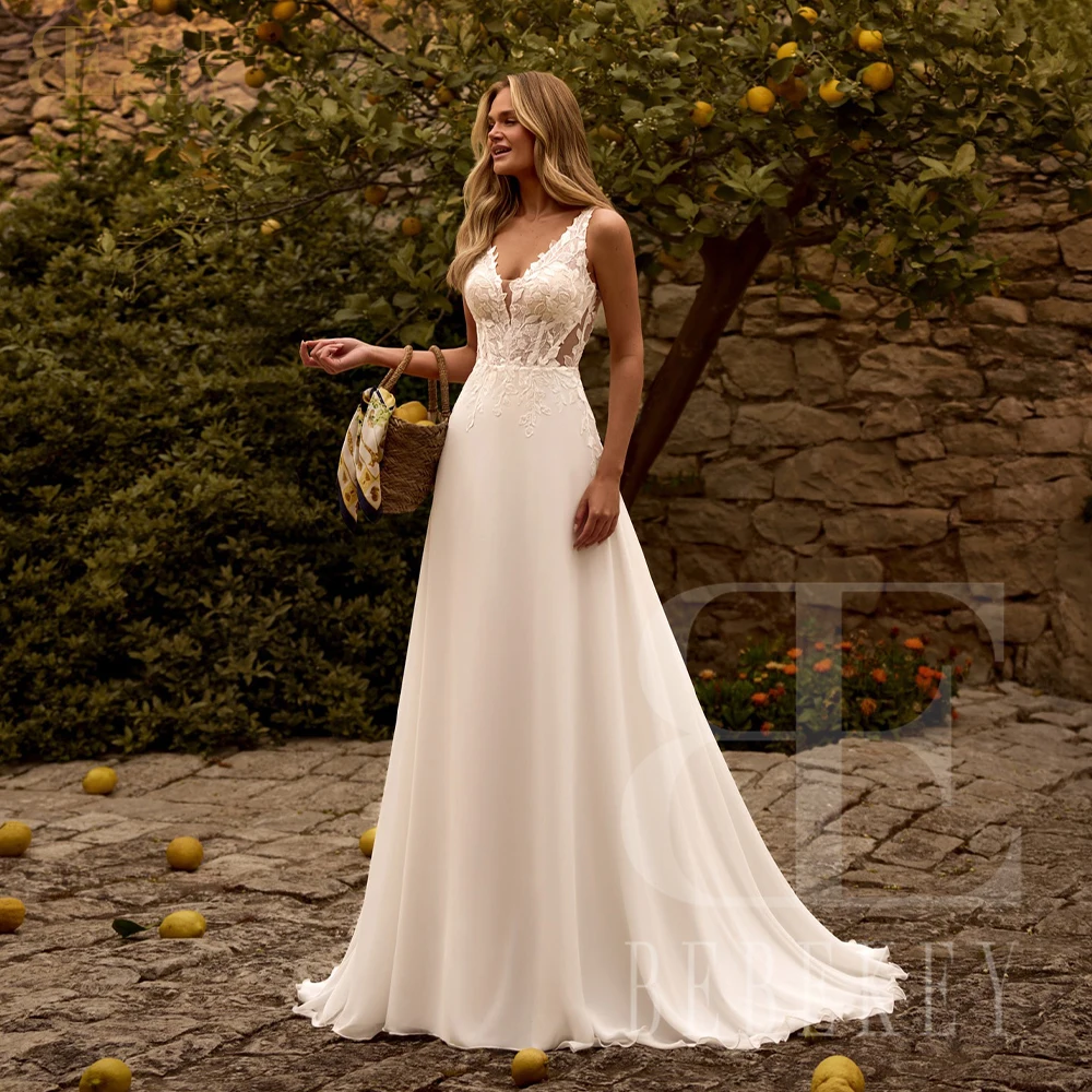 

BEBEKEY кружевное свадебное платье цвета слоновой кости, шифоновое свадебное платье с v-образным вырезом и аппликацией, вечернее платье по индивидуальному заказу, платья de novia