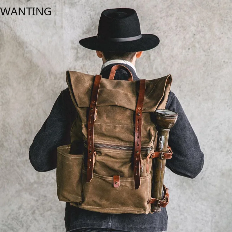 

Retro oil wax waterproof rucksack cowhide backpack outdoor hiking bag men's large-capacity school bag