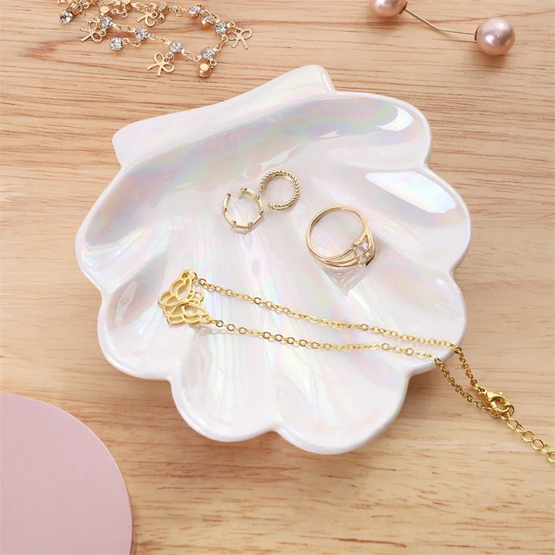 White Shell Shape Ceramic Finger Ring Earring Jewelry Display Tray Decor Shell Scallop Plates Exquisite Steak Salad Tray