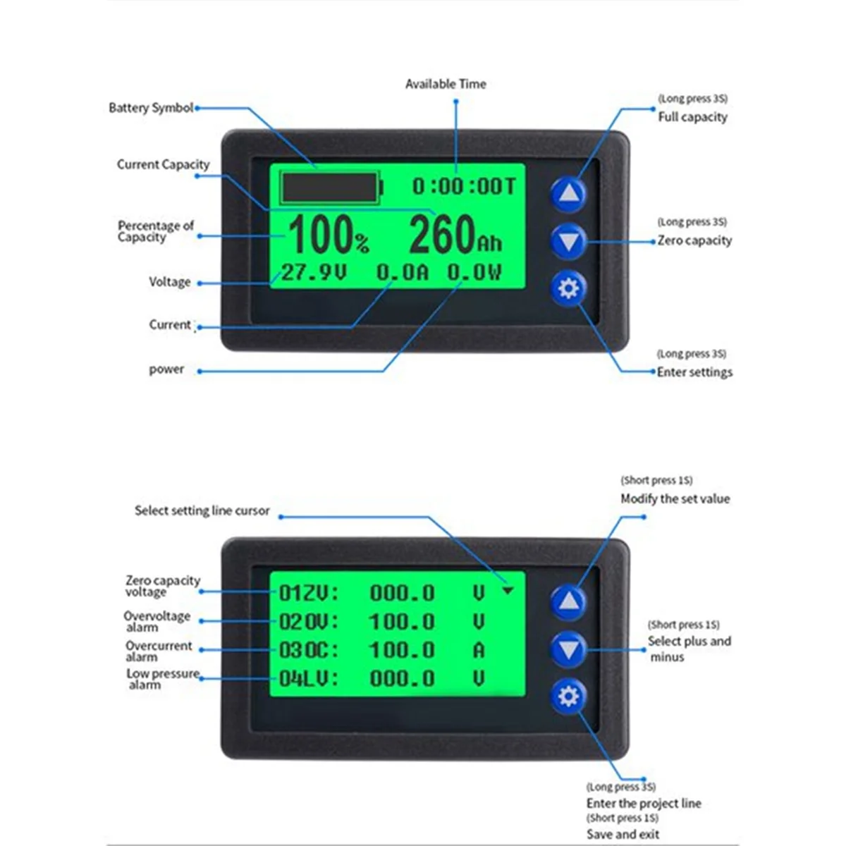 A79G DC9-100V LCD الرقمية قاعة كولوم متر مقياس التيار الكهربائي الفولتميتر 50A الجهد الحالي متر مؤشر البطارية تستر