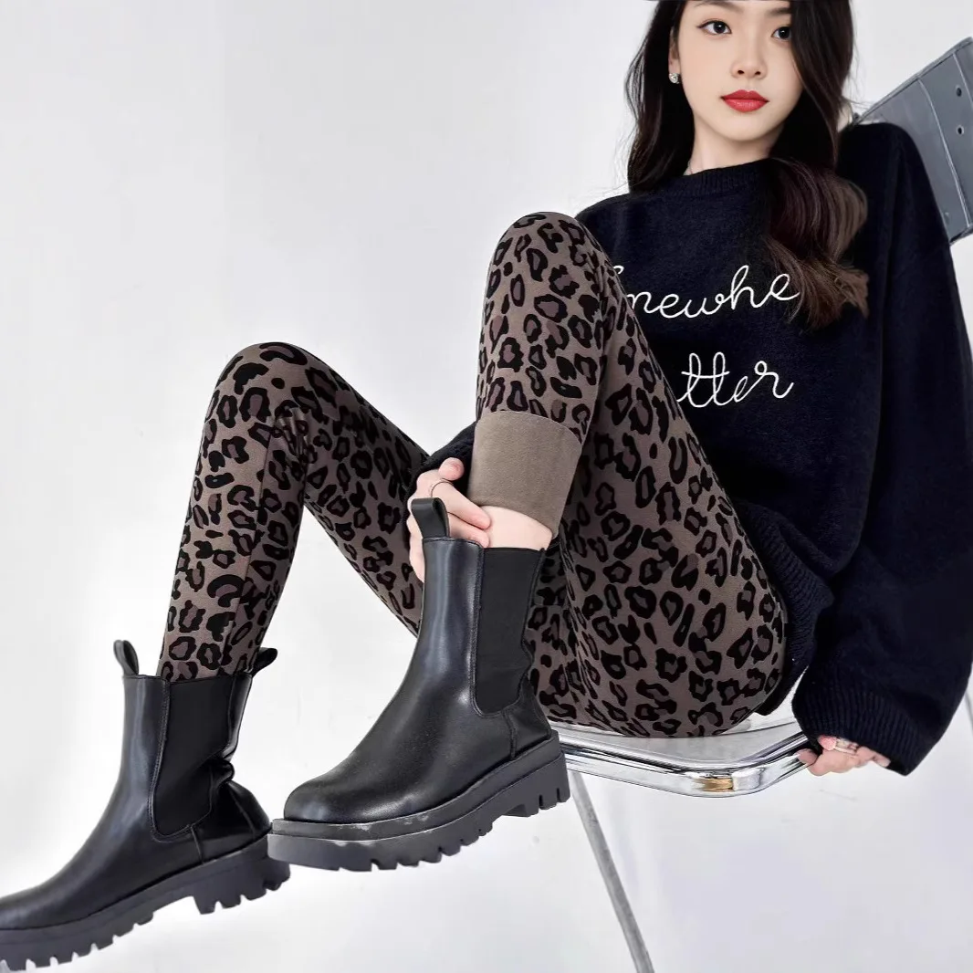 

Trendy Leopard Print High Waist Fce Lined Yoga Pants Women's Base Layer Trousers Abdomen Lifting Hip a Nine Point Pants