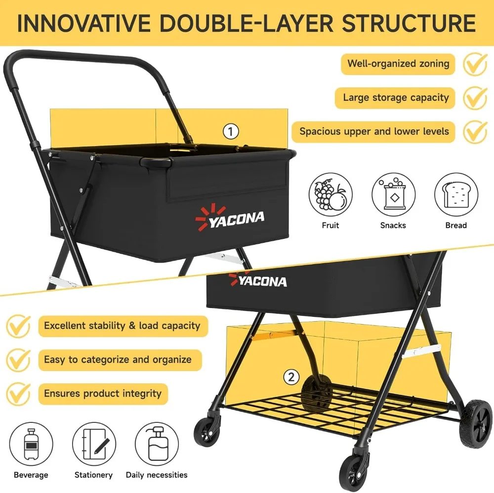 عربة تسوق قابلة للطي بطبقتين مع عجلات، عربة بقالة مقاومة للماء للغسيل والنقل، سعة 150 رطل