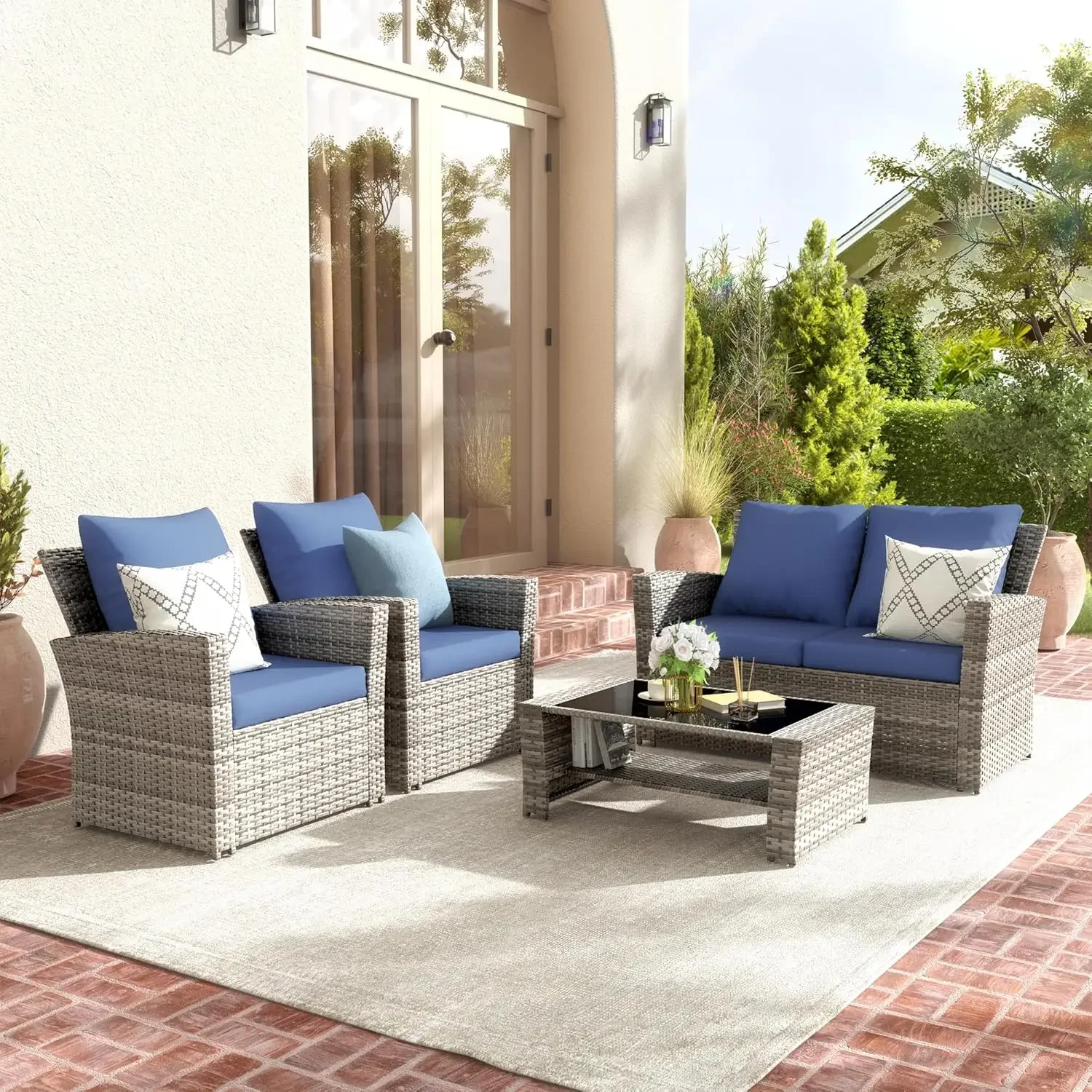 Wicker Patio Furniture Set, 4 Piece Outdoor Sectional Sofa Sets, Gray PE Rattan Patio Conversation Set for Balcony, Porch, Navy