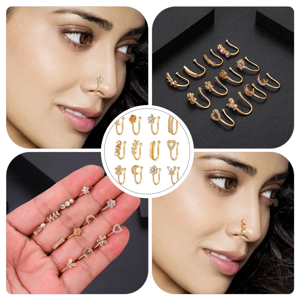 12 Pcs Nose Ring Fake Clip on Piercings Fashion Accessories Cuff Non for Women Golden Body Jewelry Costume
