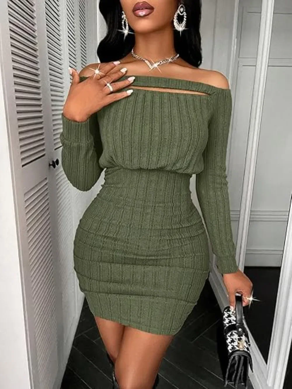 Autumn Sexy Dresses Women Fashion Long Sleeve Off Shoulder Rib Knit Dress Bodycon Mini Dress Women