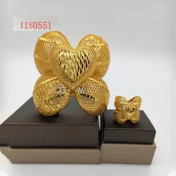 Woman Big Bracelet 18K Gold Plated Copper Dubai Flower Bangle with Ring Luxury Large Arbic Jewelry Wedding Party Gift