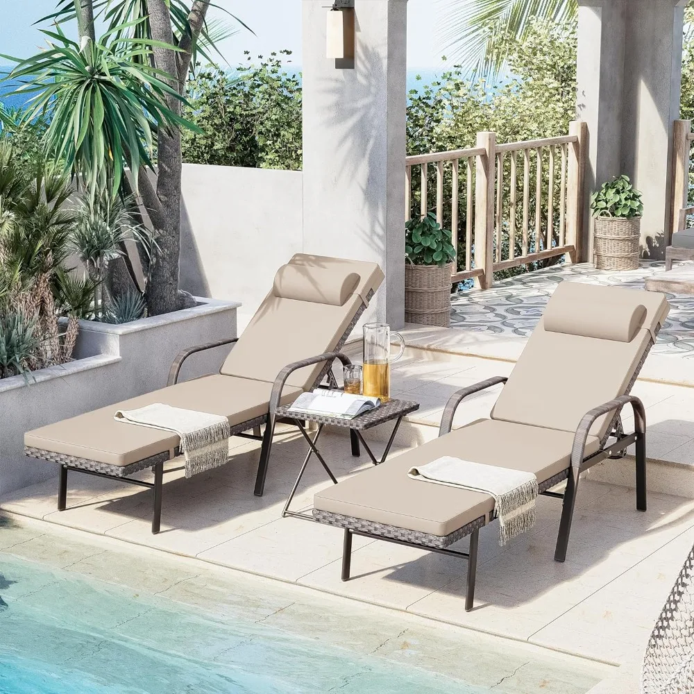 

Outdoor Chaise Lounge Chair, Adjustable Backrest Recliner W/Removable Cushions & Folding Side Table, PE Wicker Lounge Chair