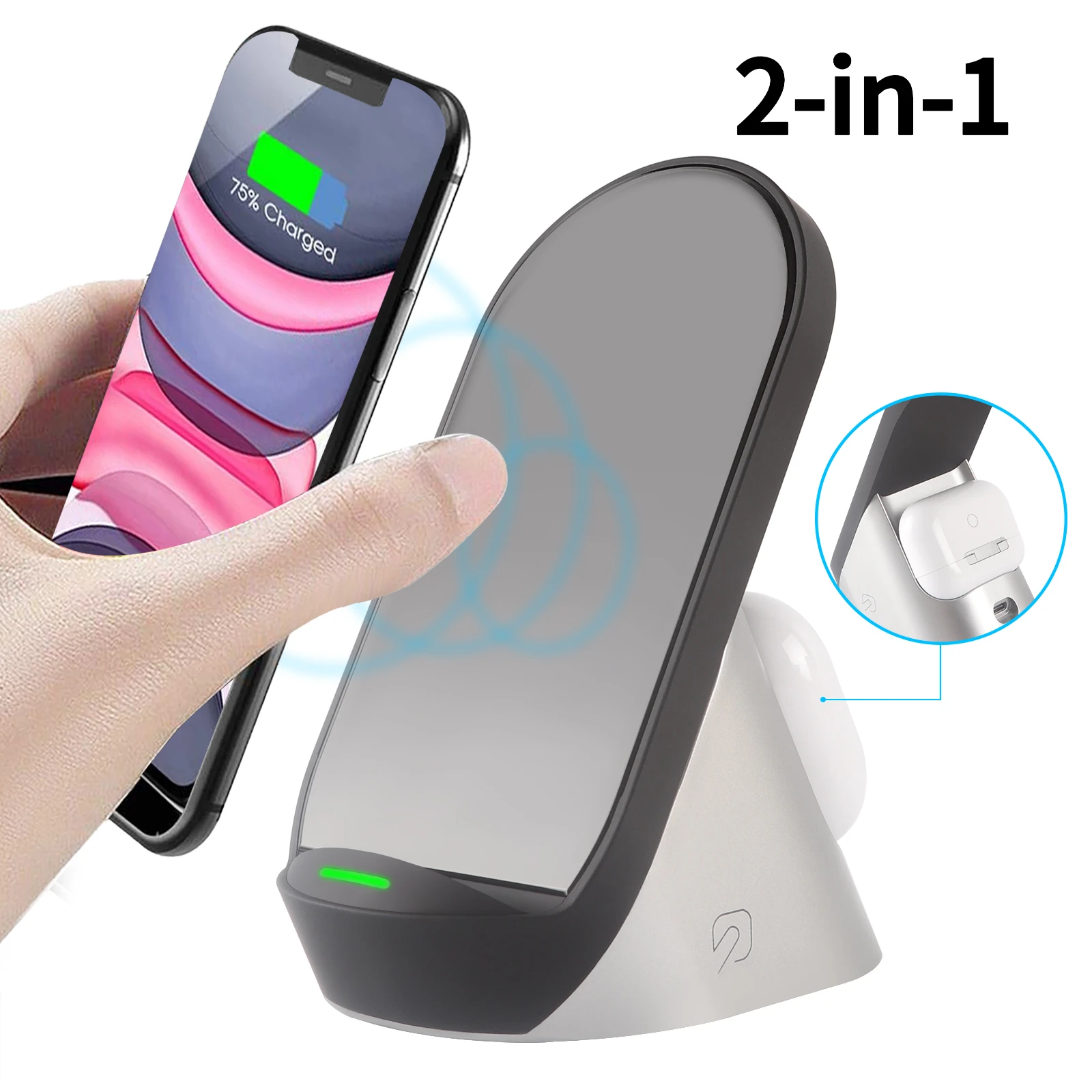 2-in-1 USB Dual-Device Wireless Charing Mount Fast Charging for iPhone AirPods Qi Certified Case Friendly Phone Charging Holder