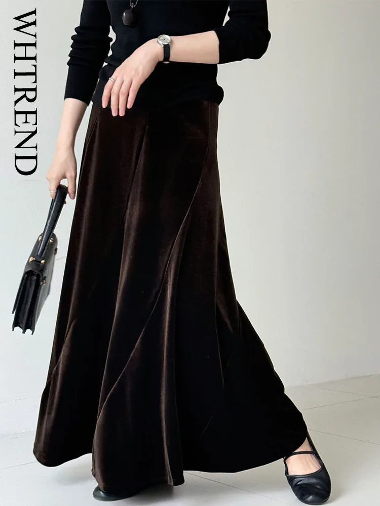 

WHTREND Korean Style Elegant Velvet Midi Skirt For Women Autumn Winter New High Waist Draped Fold Long Skirts WH2004