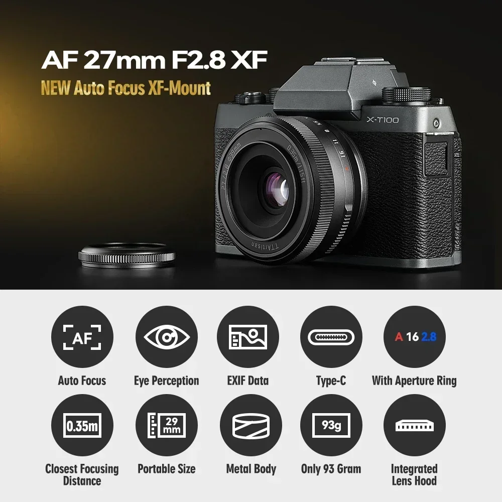 TTArtisan 27mm F2.8 APS-C Auto Focus Mirrorless Camera Lens for Sony A5000 A7RIII ZVE10 Fuji XA7 XT30 XE4 Nikon Z50 Z5 ZFC