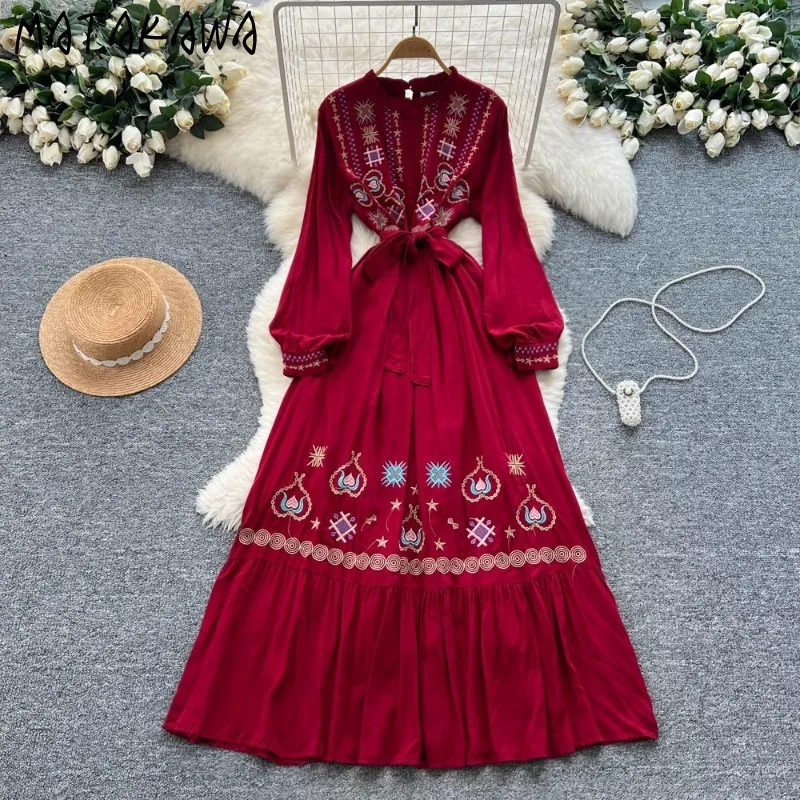 

Matakawa Embroidered Floral Women Dresses Spring Autumn Vintage Bandage Long Dress Fashion A-line Elegant Vestidos Mujer