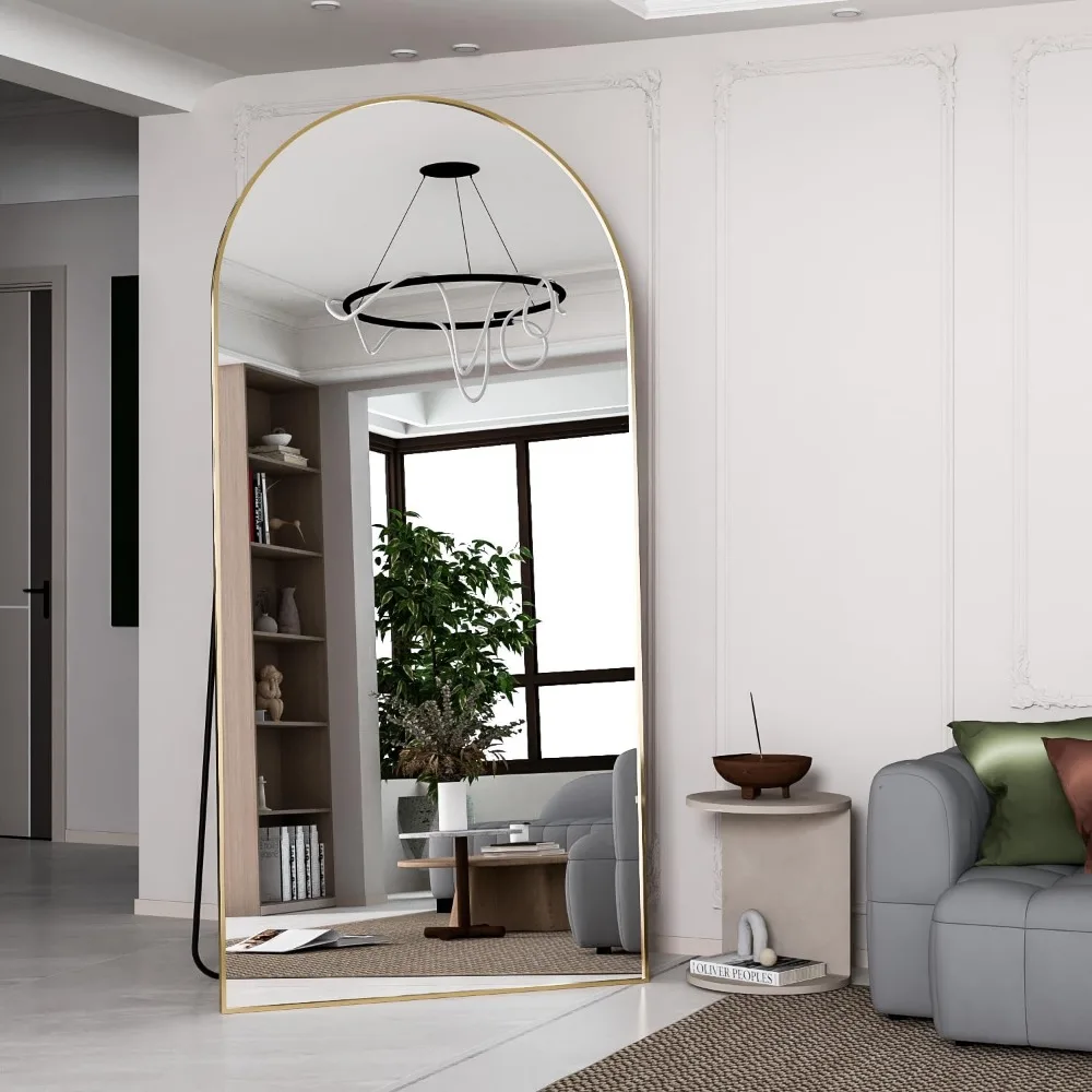 Espelho curvo dourado de comprimento total 193x86 cm, montagem no chão ou na parede, espelho inclinado elegante para beleza e decoração de casa