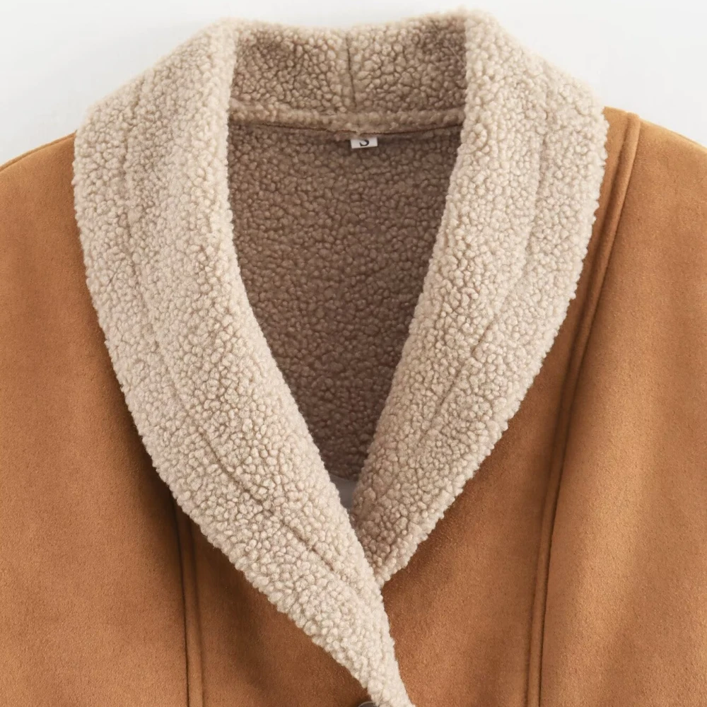 Retro suede thick solid jacket female 2024 autumn and winter models in ins loose lamb wool biker cotton jacket coat