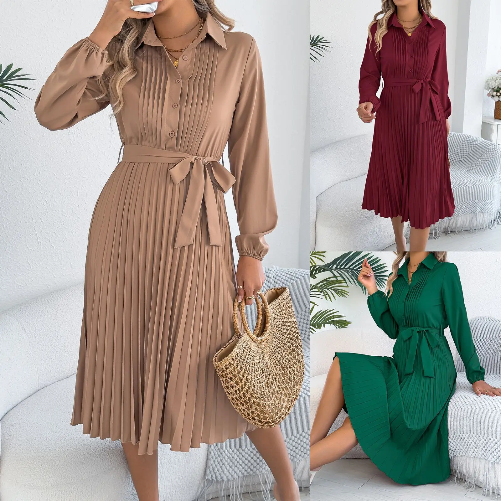 

Женское модное платье макси Ele Pure Color с длинными рукавами, плиссированное, с завязками на талии и воротником-стойкой, весна-лето-осень